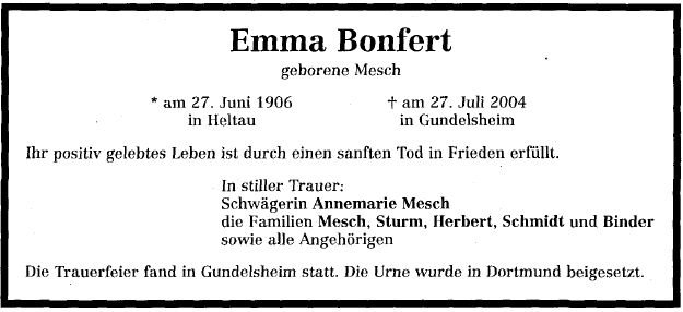 Mesch Emma 1906-2004 Todesanzeige